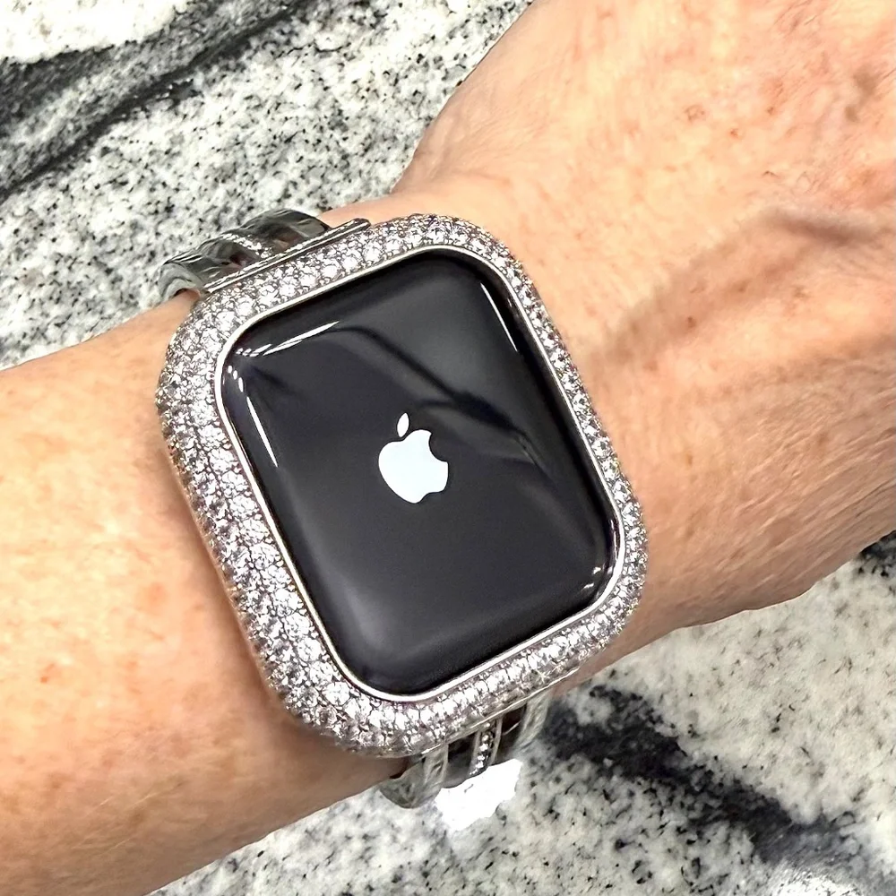 2 pc Apple Watch set white gold lab diamond case and crystal band classy bling
